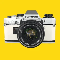 Olympus OM10 White Leather Vintage 35mm Film Camera W/ F/1.8 50mm Lens